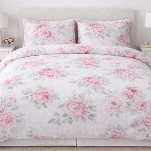 Cottagecore Pink Peony Floral King Duvet + 2 King Shams Romantic Shabby Chic